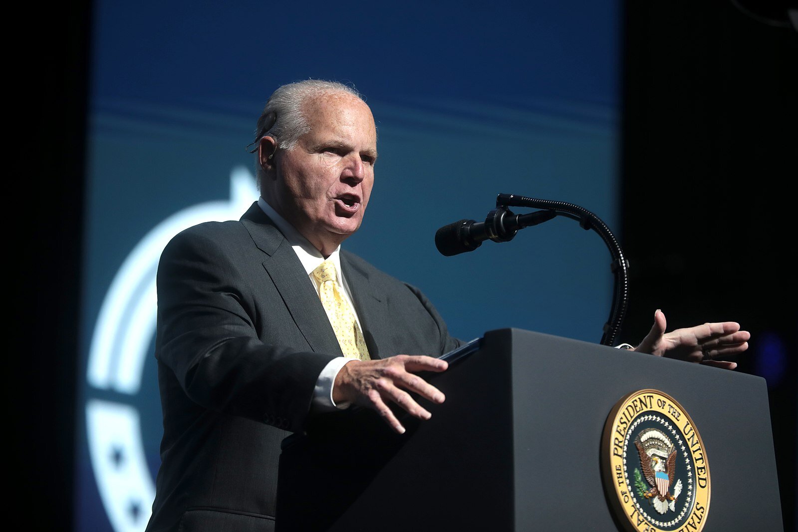 December 21, 2019 – Rush Limbaugh speaking with attendees at the 2019 Student Action Summit hosted by Turning Point USA at the Palm Beach County Convention Center in West Palm Beach, Florida. (Photo by Gage Skidmore | Wikimedia Commons)