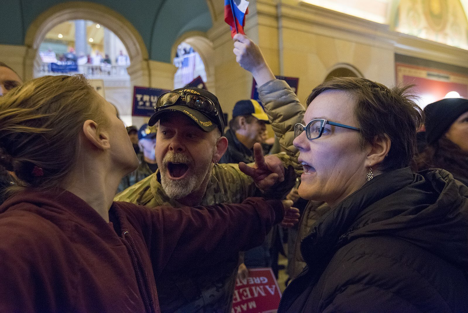 A clash between Trump supporters and an anti-Trump counter-protestor during the "March 4 Trump" rally at the Minnesota capitol on March 4th, 2017. About 700 people were there to show support for Republican President Donald Trump. (Photo by Fibonacci…