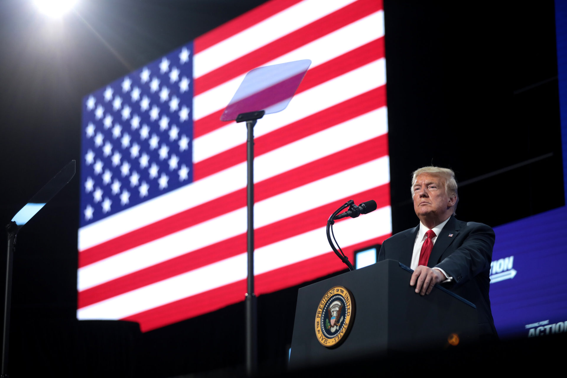 President of the United States Donald Trump speaking with supporters at an "An Address to Young Americans" event hosted by Students for Trump and Turning Point Action at Dream City Church in Phoenix, Arizona. (Photo by Gage Skidmore | Flickr)