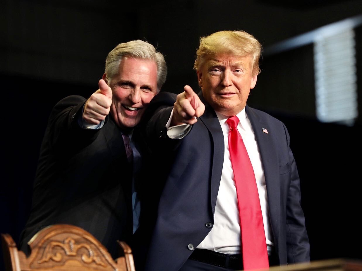 February 19, 2020 – House Majority Leader Kevin McCarthy (left) and former President Donald J. Trump (right) after President Trump delivers remarks on water accessibility. (Photo by Kevin McCarthy | Twitter)