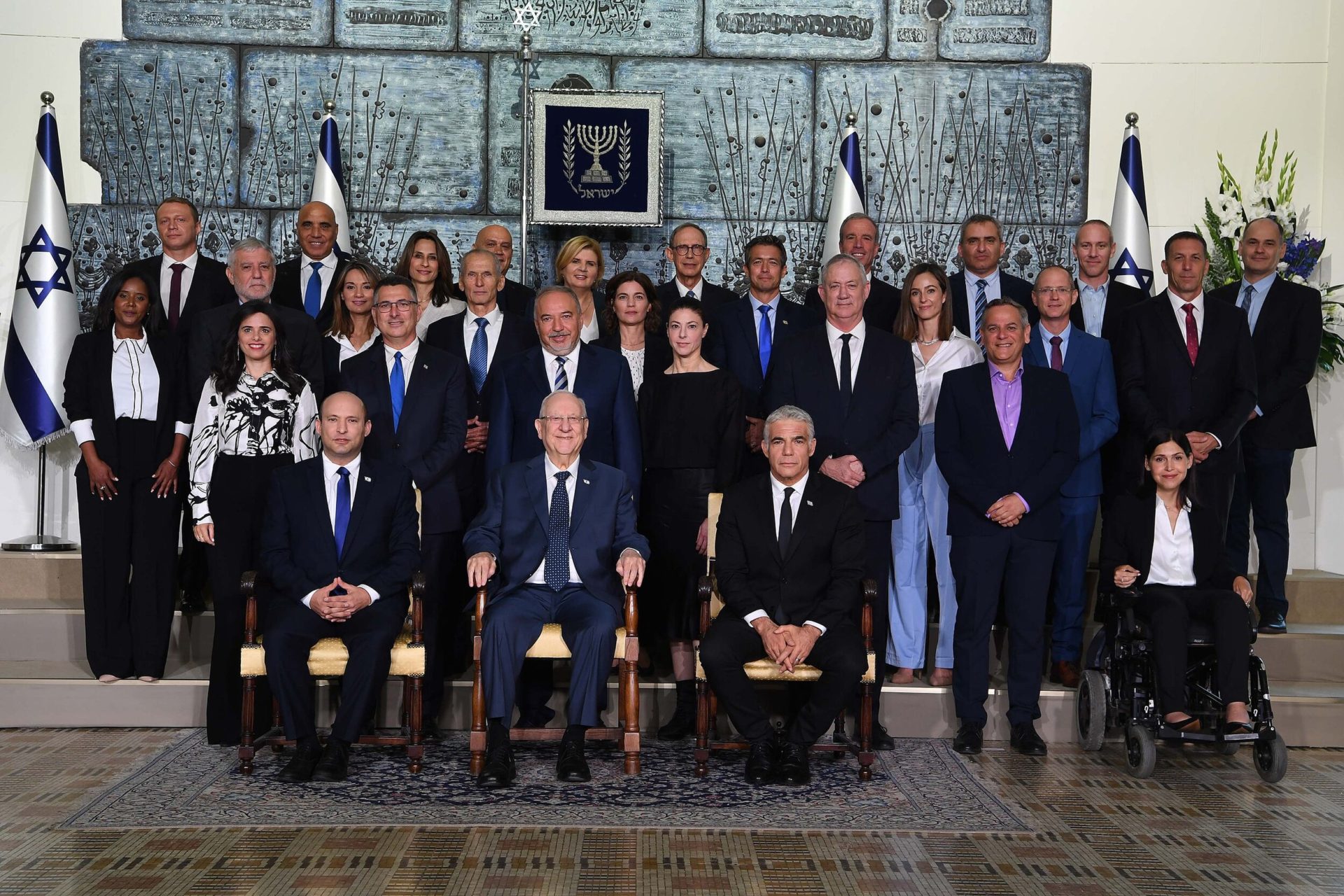 June 14, 2021 – Thirty-sixth government of Israel at Beit HaNassi to photograph the traditional picture headed by the President of Israel, Reuven Rivlin. (Photo by Haim Tzach | Wikimedia Commons)