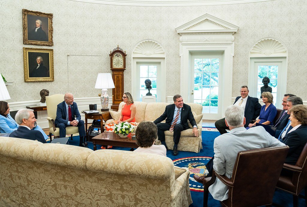 June 25, 2021 – President Joe Biden meets with a bipartisan group of ten Senators to discuss The Bipartisan Infrastructure Framework. (Photo from Joe Biden | Facebook)
