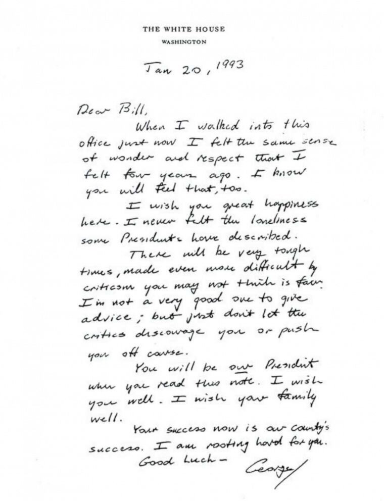Outgoing President George H.W. Bush left his letter in the Oval Office for President Bill Clinton on Inauguration Day, Jan. 20, 1993.