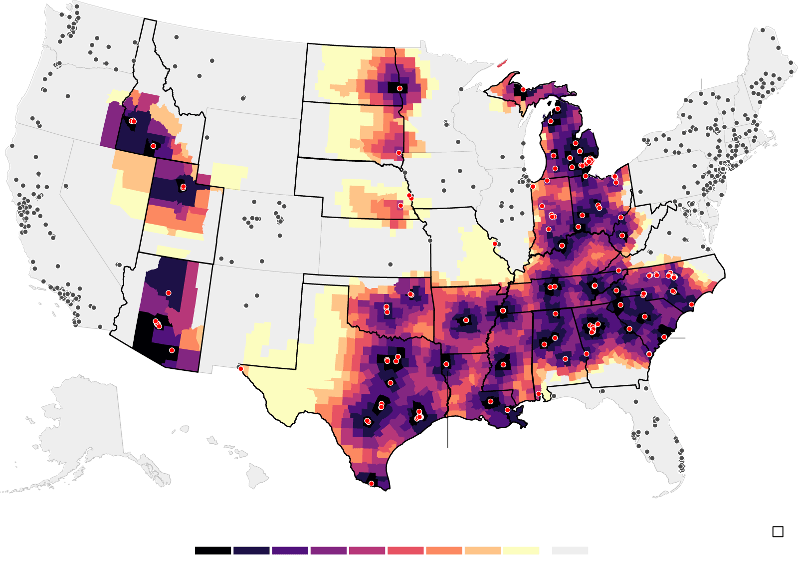 An NYTimes map illustrating where abortion access will be restricted if the Supreme Court rules against abortion access in Dobbs v. Jackson Women’s Health Organization (Map from The New York Times)