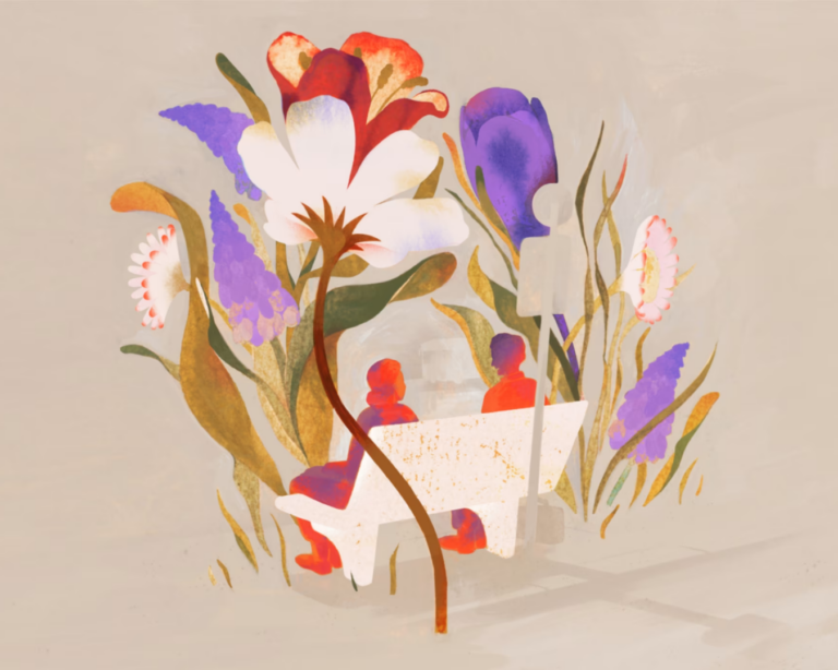 Big Flowers with people talking on bench